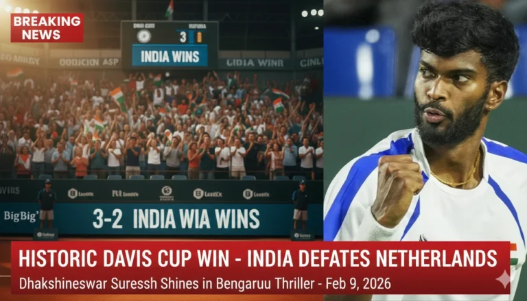 Dhakshineswar Suresh celebrating India's 3-2 victory over Netherlands in Davis Cup 2026 Bengaluru