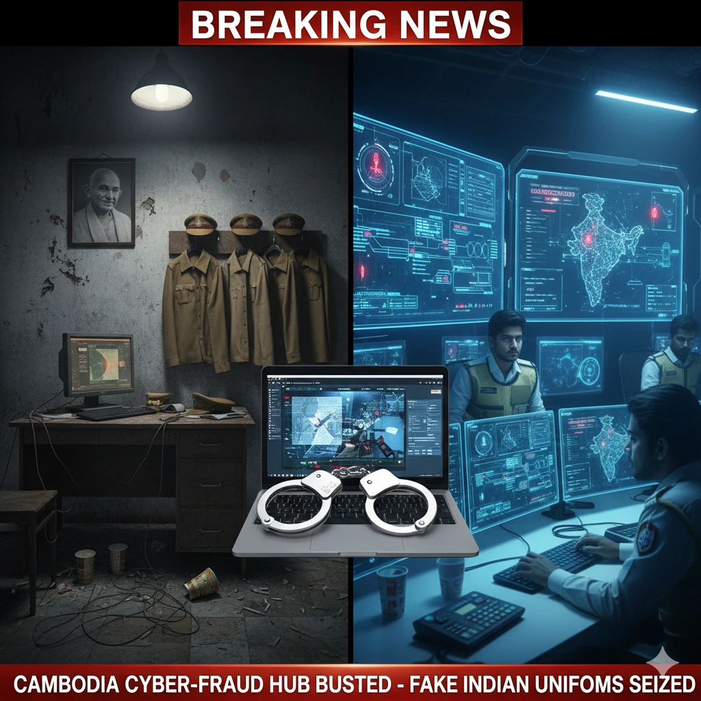 Cambodia cyber fraud crackdown digital arrest scam hub fake police uniforms Gandhi portrait seized